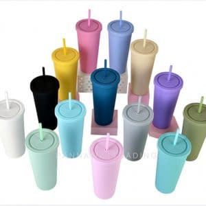 แก้วพลาสติกสองชั้นพร้อมหลอดสีสีสดใส ราคาถูก